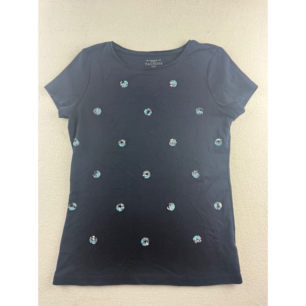 Talbots Petite Navy Blue Sequin Polka Dot Cotton Short Sleeve Tee Shirt SP - Picture 1 of 6